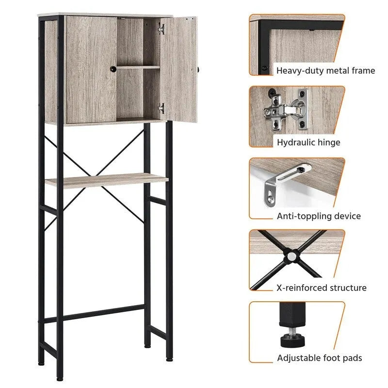 Meuble de rangement WC en bois gris et cadre en métal noir avec étagère ouverte et porte fermée