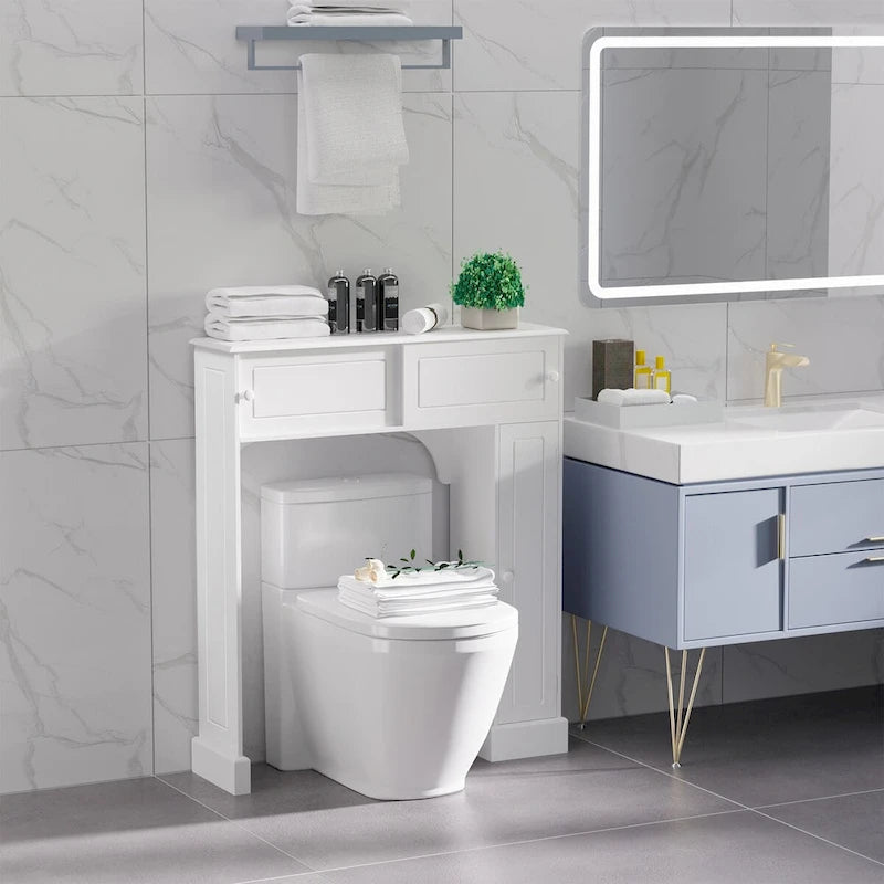 Meuble de rangement blanc pour WC, à portes coulissantes et étagères réglables