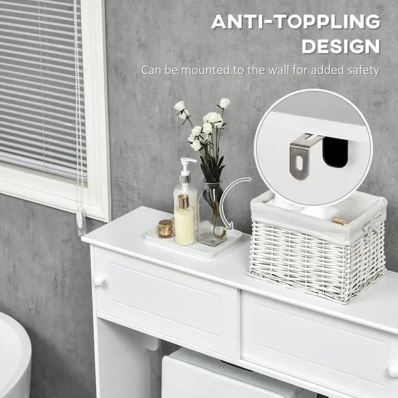 Meuble de rangement blanc pour WC, à portes coulissantes et étagères réglables