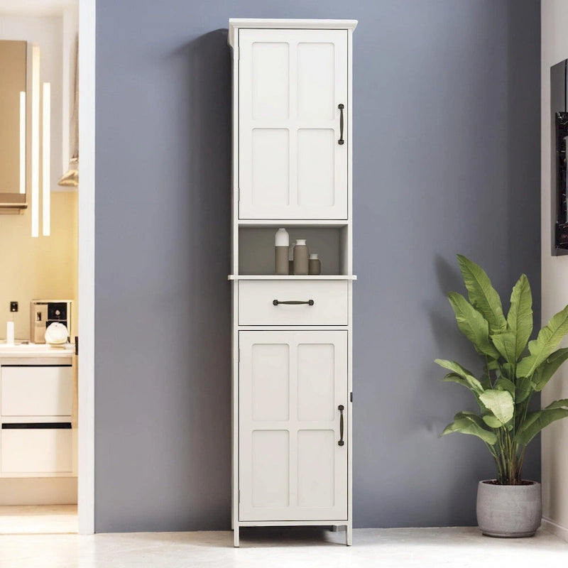 Armoire de rangement haute sur pied blanche avec portes doubles, tiroir et étagère ouverte