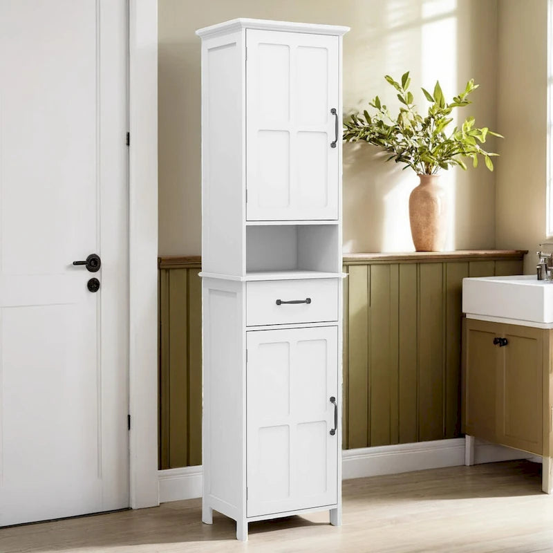 Armoire de rangement haute sur pied blanche avec portes doubles, tiroir et étagère ouverte