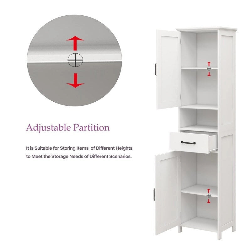 Armoire de rangement haute sur pied blanche avec portes doubles, tiroir et étagère ouverte