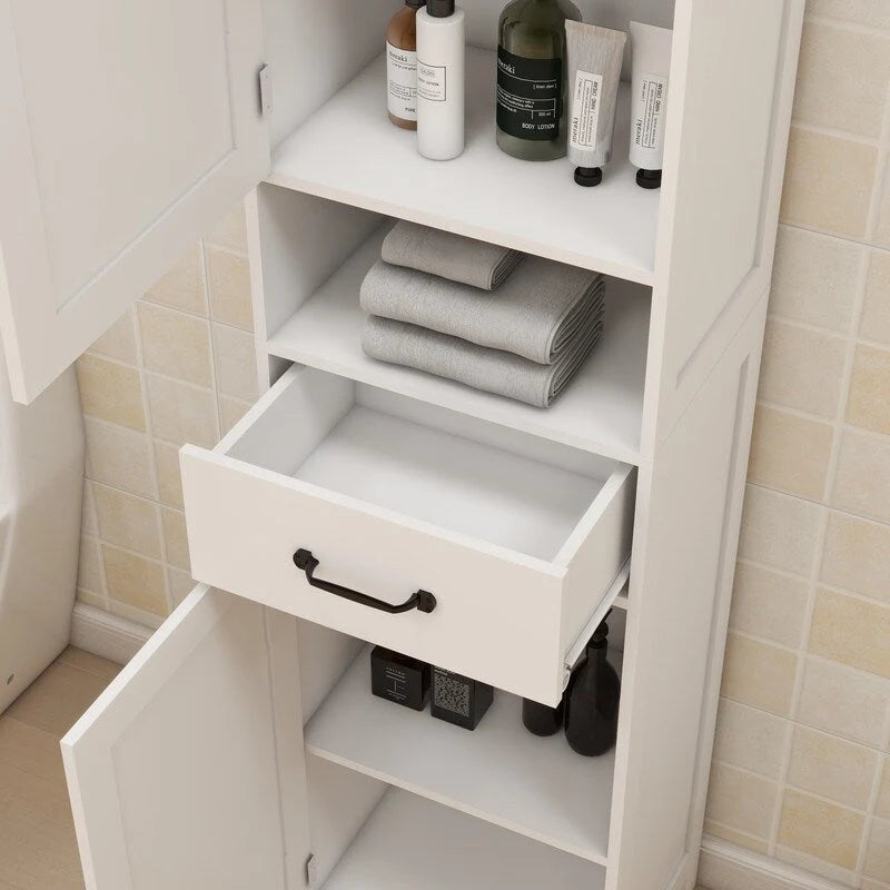 Armoire de rangement haute sur pied blanche avec portes doubles, tiroir et étagère ouverte