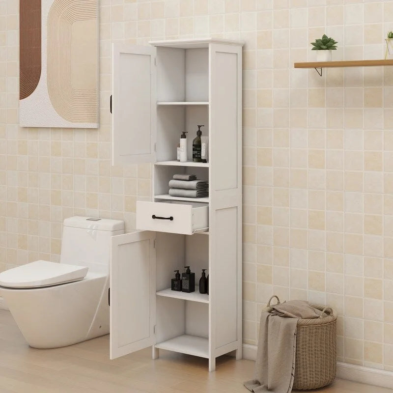 Armoire de rangement haute sur pied blanche avec portes doubles, tiroir et étagère ouverte