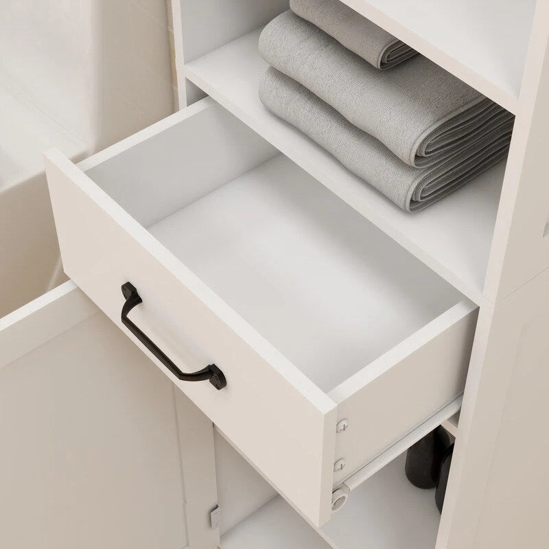 Armoire de rangement haute sur pied blanche avec portes doubles, tiroir et étagère ouverte