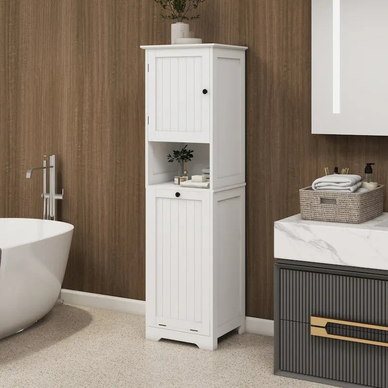 Meuble haut de salle de bain blanc à deux portes avec étagère ouverte, finition bois