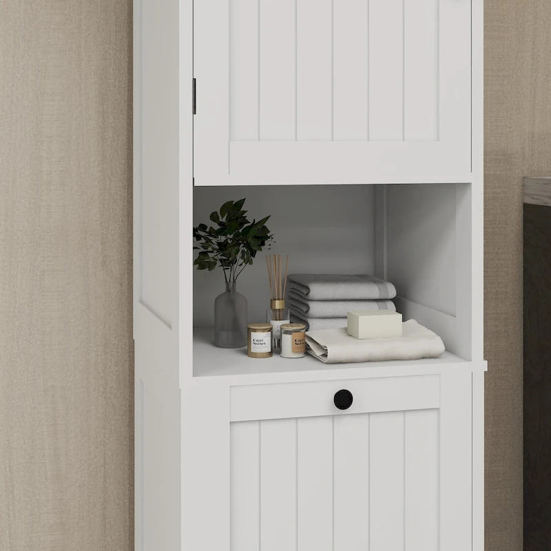 Meuble haut de salle de bain blanc à deux portes avec étagère ouverte, finition bois