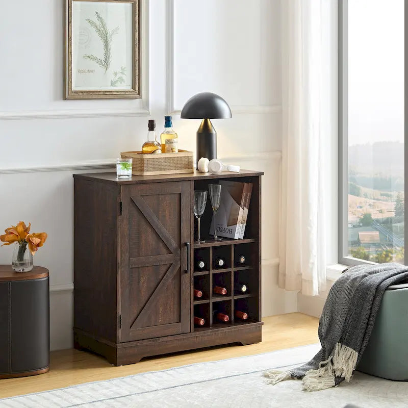 Meuble-bar avec porte coulissante, casier à vin et étagère de rangement, gris espresso