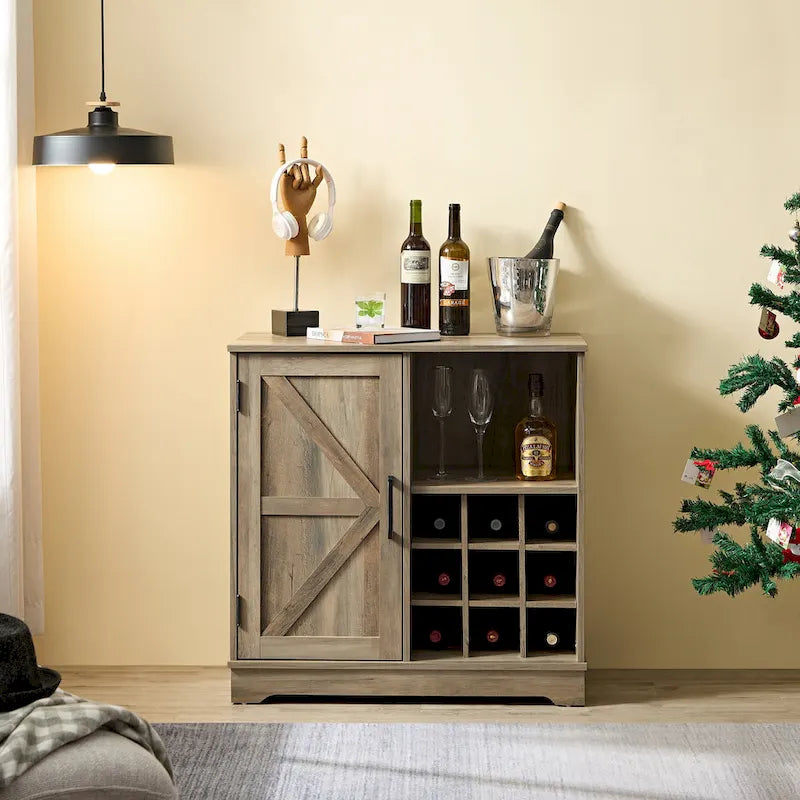 Meuble-bar avec porte coulissante, casier à vin et étagère de rangement, gris espresso