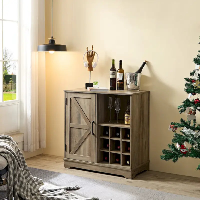 Meuble-bar avec porte coulissante, casier à vin et étagère de rangement, gris espresso