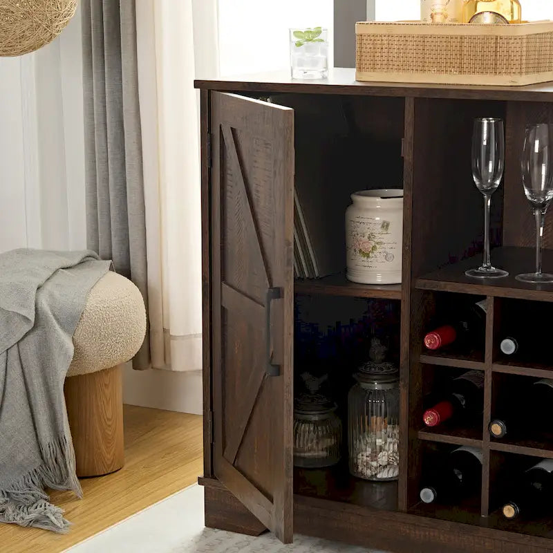 Meuble-bar avec porte coulissante, casier à vin et étagère de rangement, gris espresso