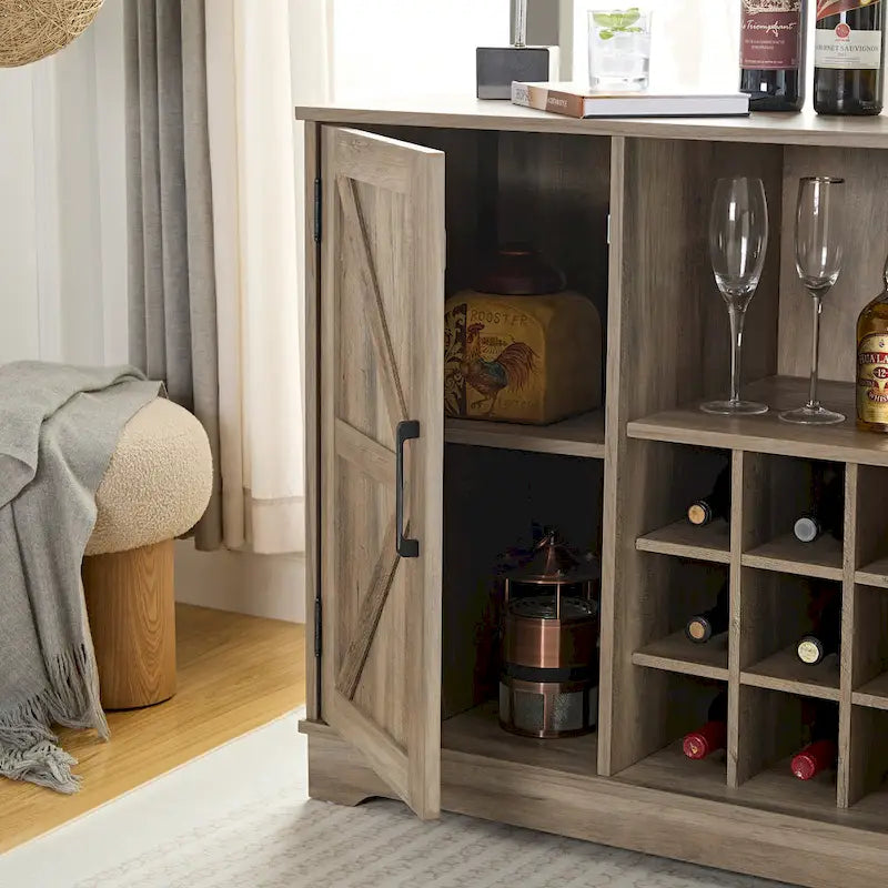 Meuble-bar avec porte coulissante, casier à vin et étagère de rangement, gris espresso