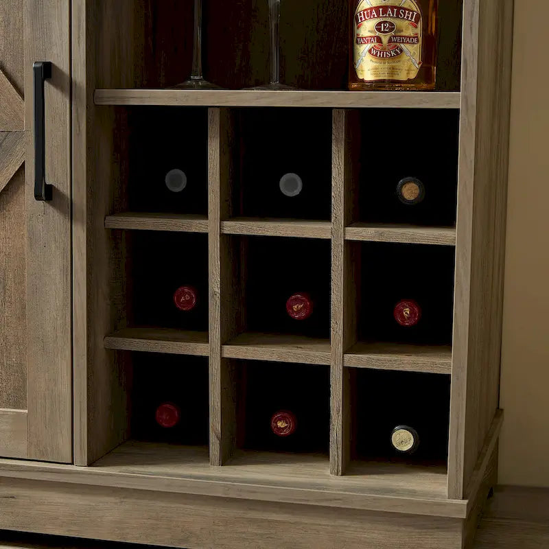 Meuble-bar avec porte coulissante, casier à vin et étagère de rangement, gris espresso
