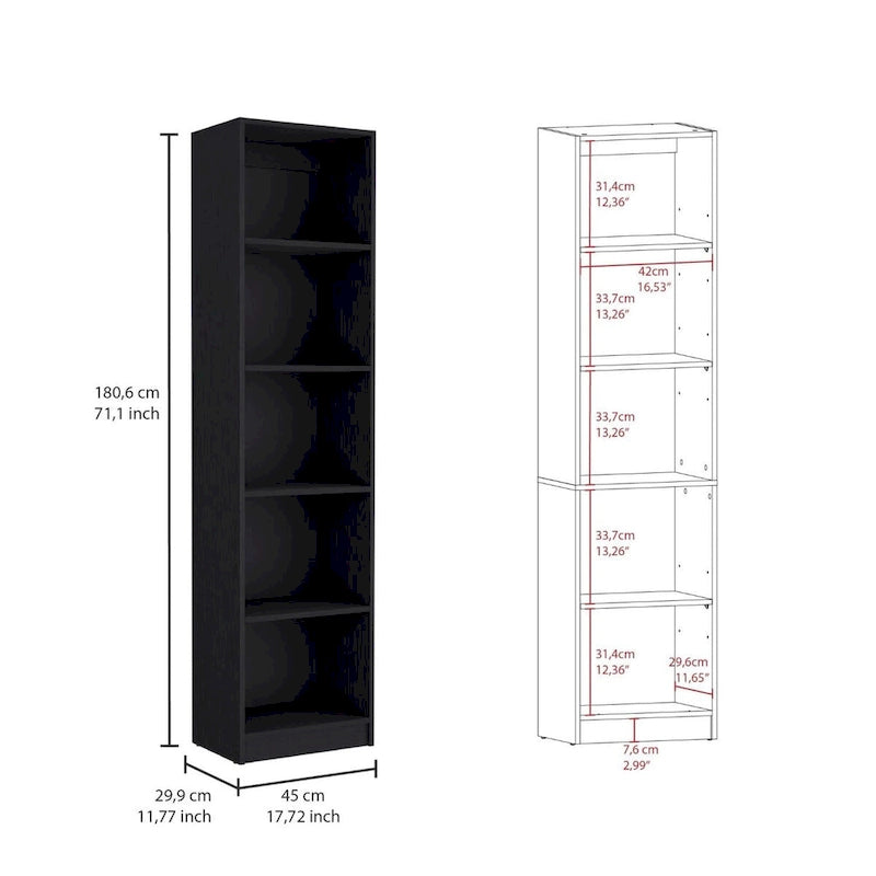 Étagère étroite à 5 niveaux avec rayonnages ouverts, noire