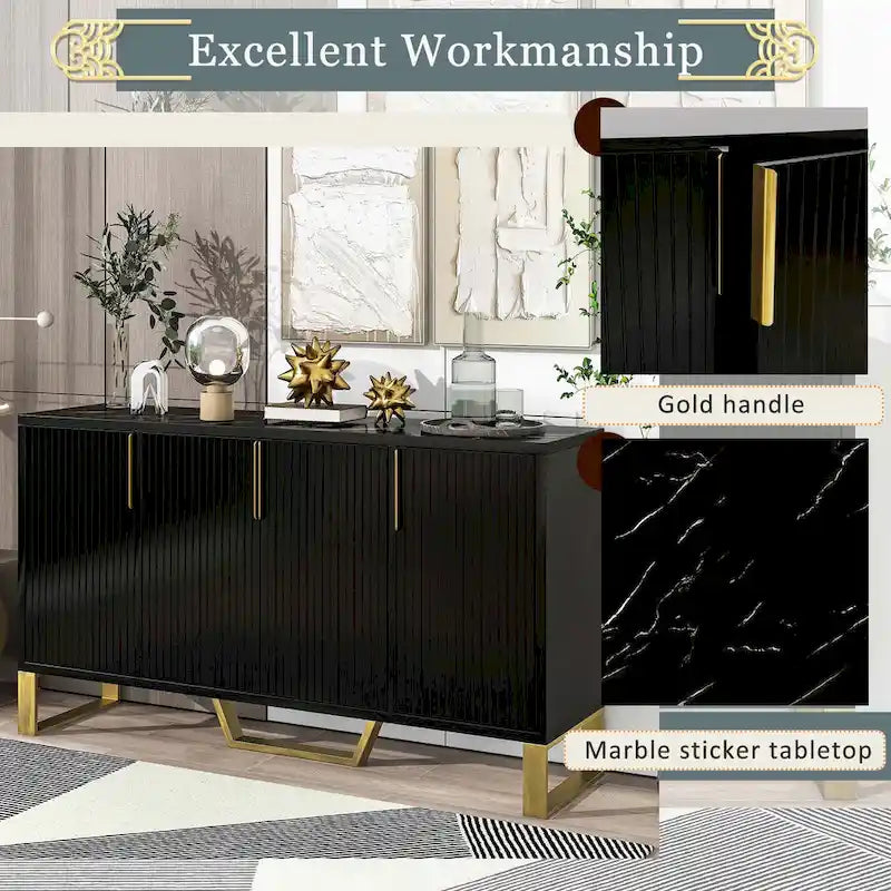 Bahut de rangement 4 portes cannelé noir et doré avec étagères réglables