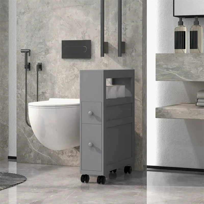 6.25x20.5x28.25 Wood Rolling Narrow Bathroom Side Storage Cabinet