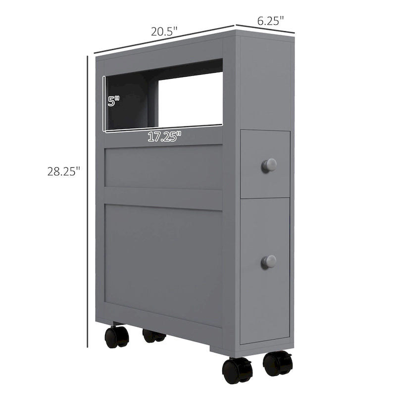 Meuble de rangement de salle de bain gris étroit à roulettes avec tiroirs