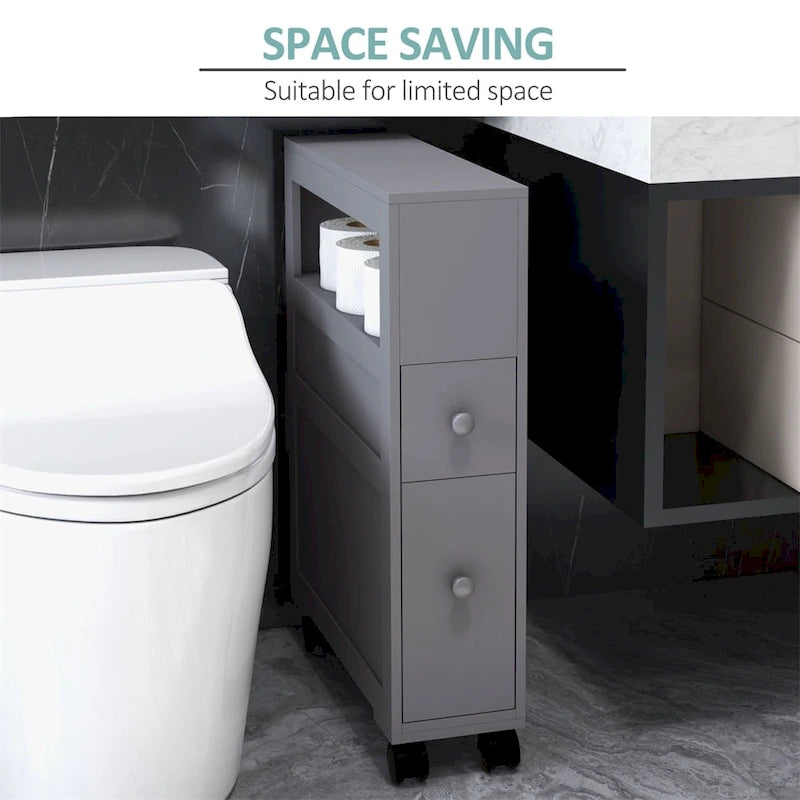 Meuble de rangement de salle de bain gris étroit à roulettes avec tiroirs