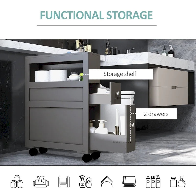 Meuble de rangement de salle de bain gris étroit à roulettes avec tiroirs