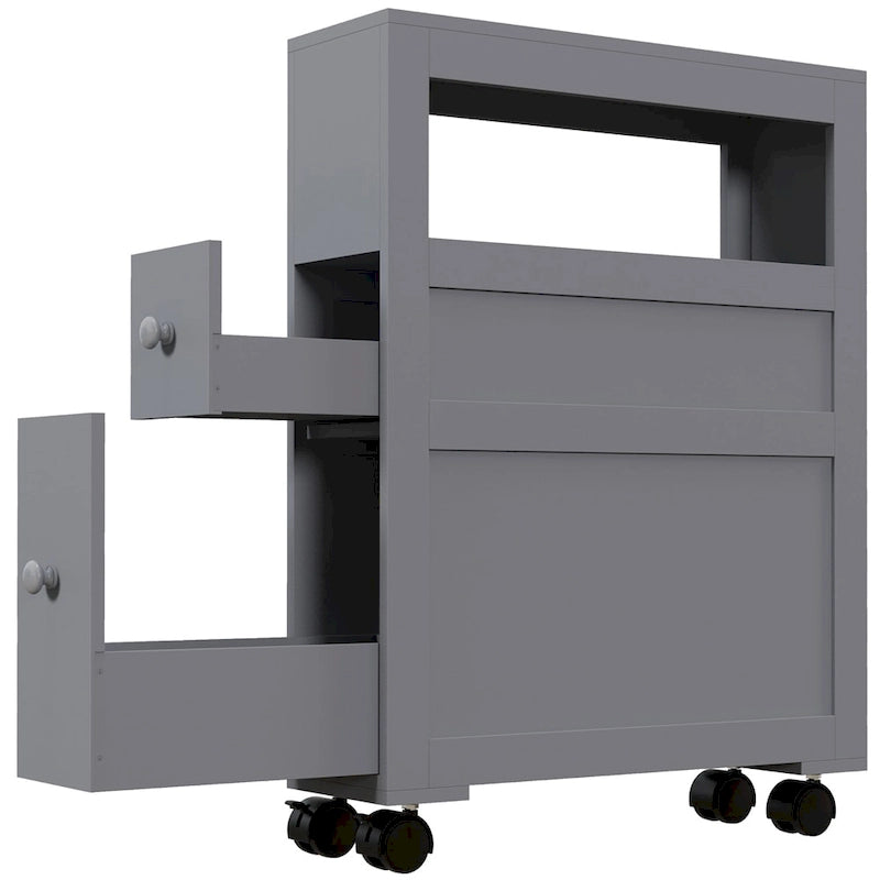 Meuble de rangement de salle de bain gris étroit à roulettes avec tiroirs