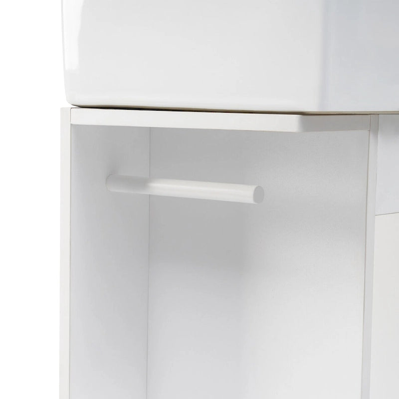 Petit meuble-lavabo de salle de bain avec évier en céramique et étagères ouvertes