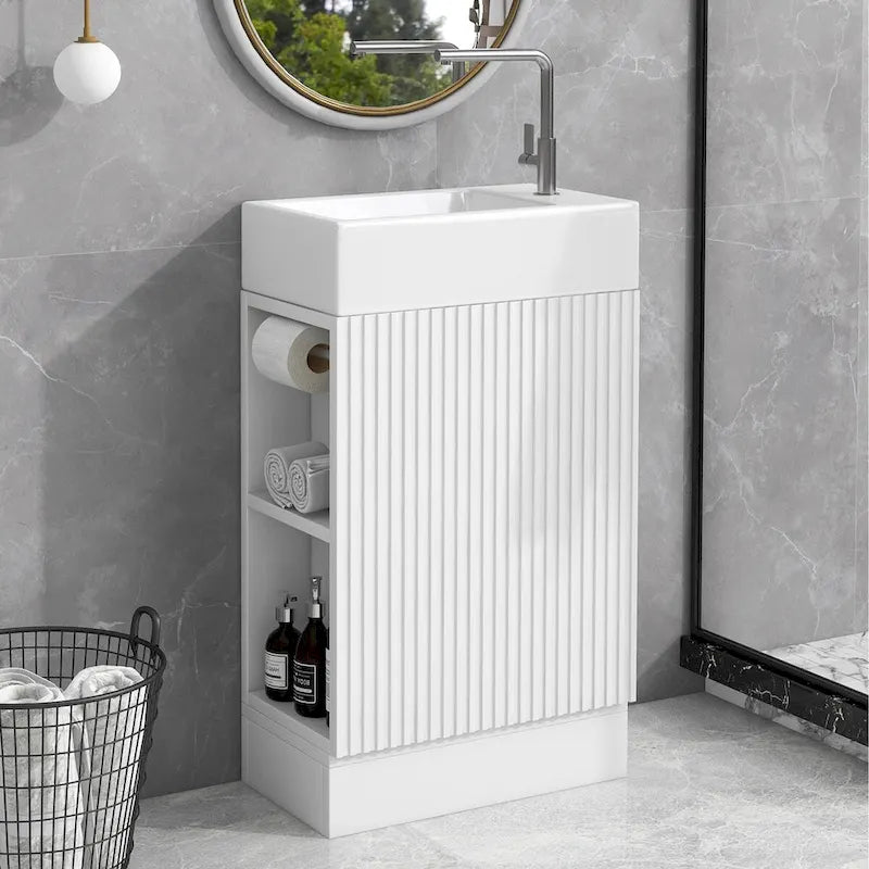 Petit meuble-lavabo de salle de bain avec évier en céramique et étagères ouvertes