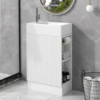 Petit meuble-lavabo de salle de bain avec évier en céramique et étagères ouvertes