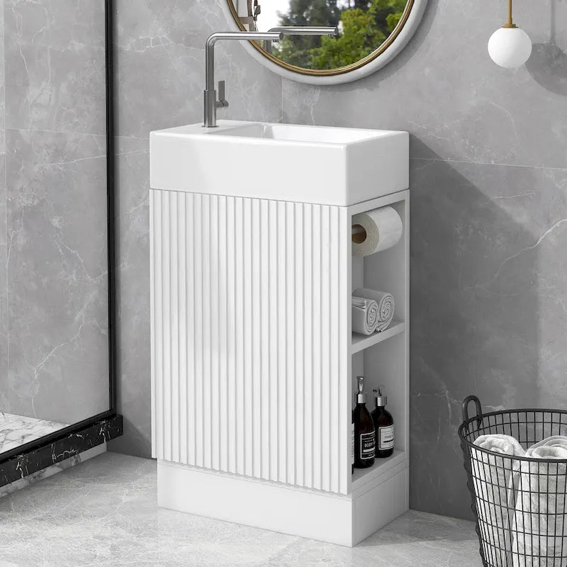 Petit meuble-lavabo de salle de bain avec évier en céramique et étagères ouvertes