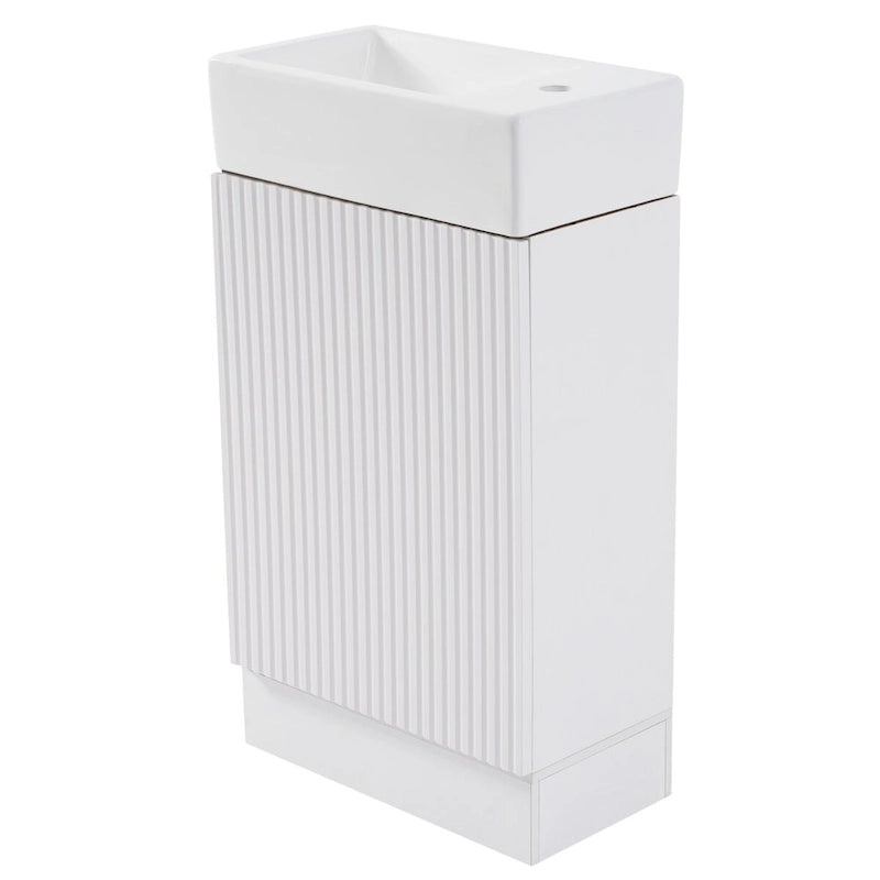 Petit meuble-lavabo de salle de bain avec évier en céramique et étagères ouvertes