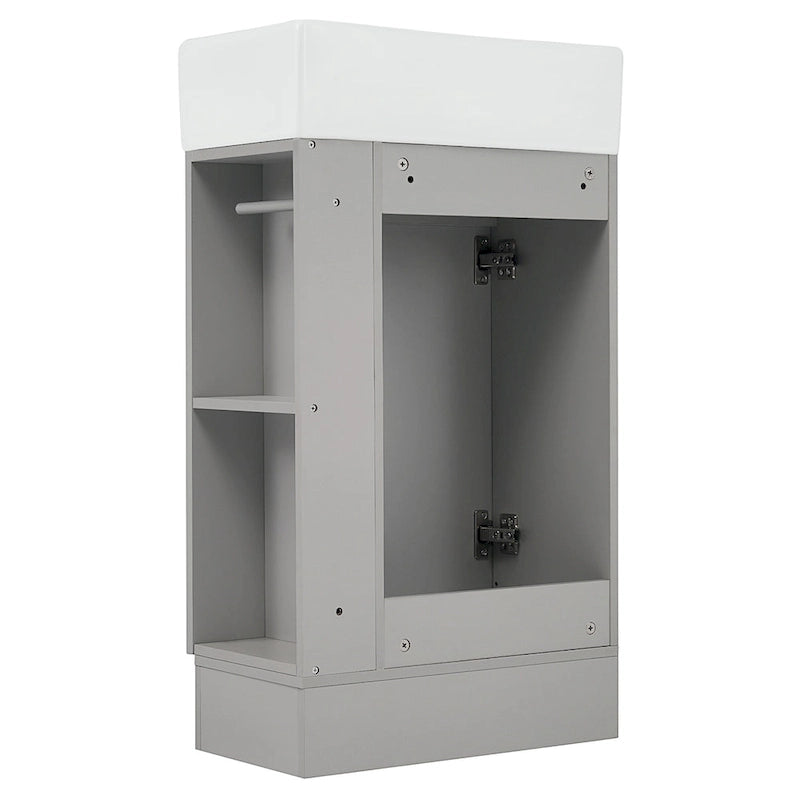 Petit meuble-lavabo de salle de bain avec évier en céramique et étagères ouvertes