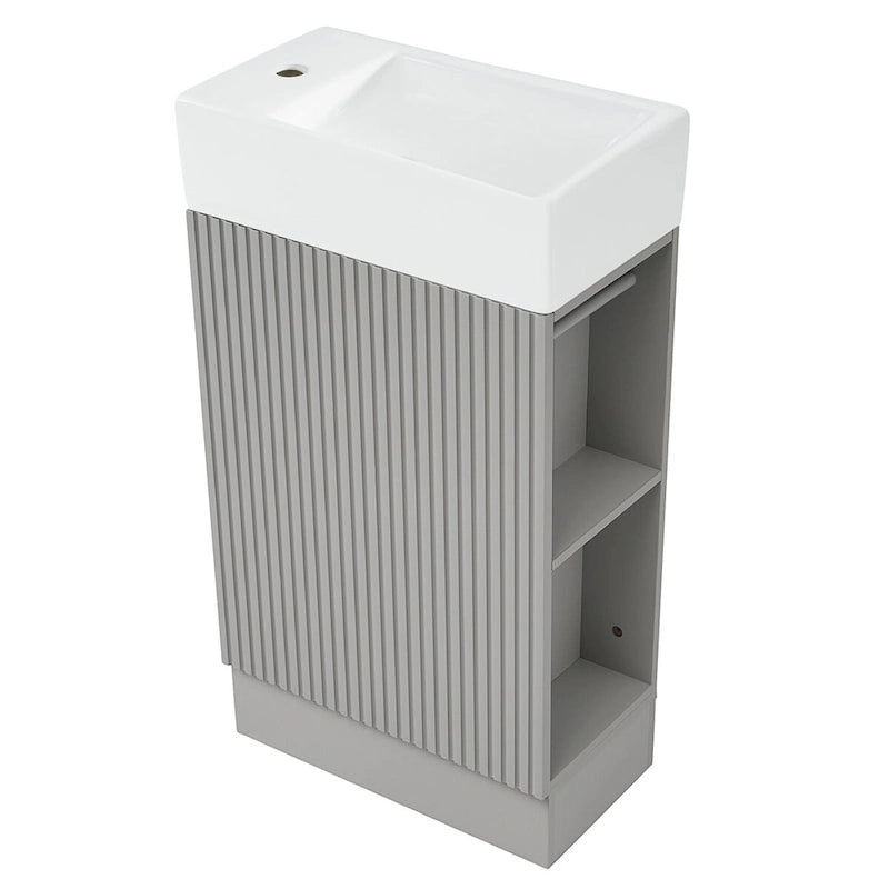 Petit meuble-lavabo de salle de bain avec évier en céramique et étagères ouvertes