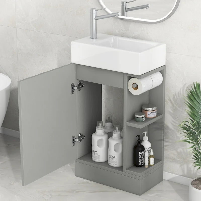 Petit meuble-lavabo de salle de bain avec évier en céramique et étagères ouvertes