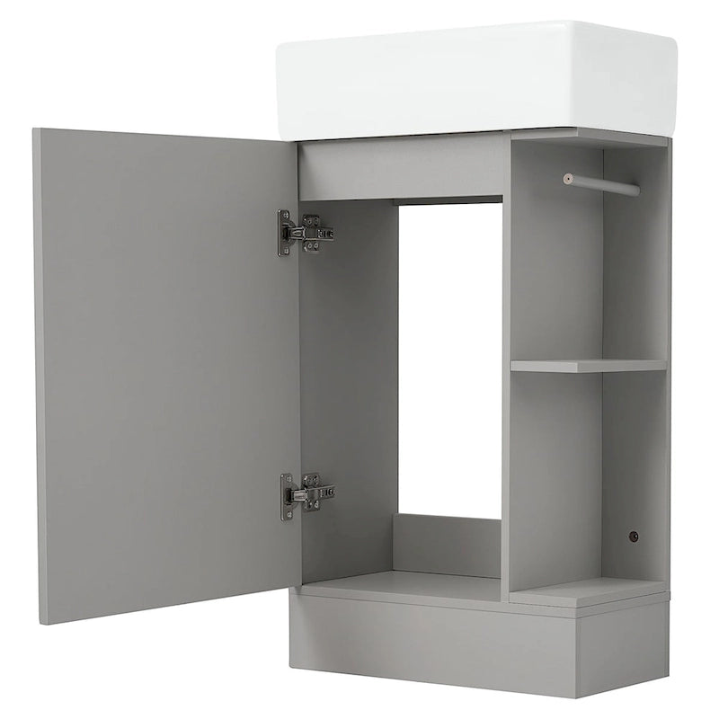 Petit meuble-lavabo de salle de bain avec évier en céramique et étagères ouvertes
