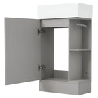 Petit meuble-lavabo de salle de bain avec évier en céramique et étagères ouvertes