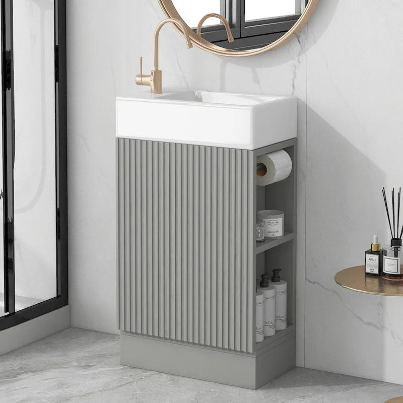 Petit meuble-lavabo de salle de bain avec évier en céramique et étagères ouvertes