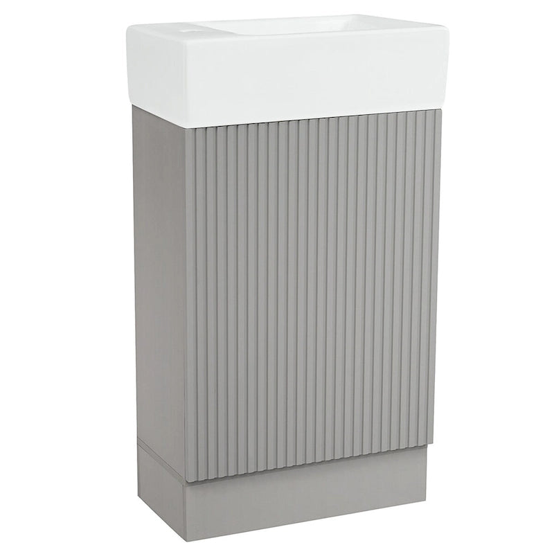 Petit meuble-lavabo de salle de bain avec évier en céramique et étagères ouvertes