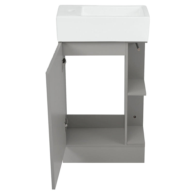 Petit meuble-lavabo de salle de bain avec évier en céramique et étagères ouvertes