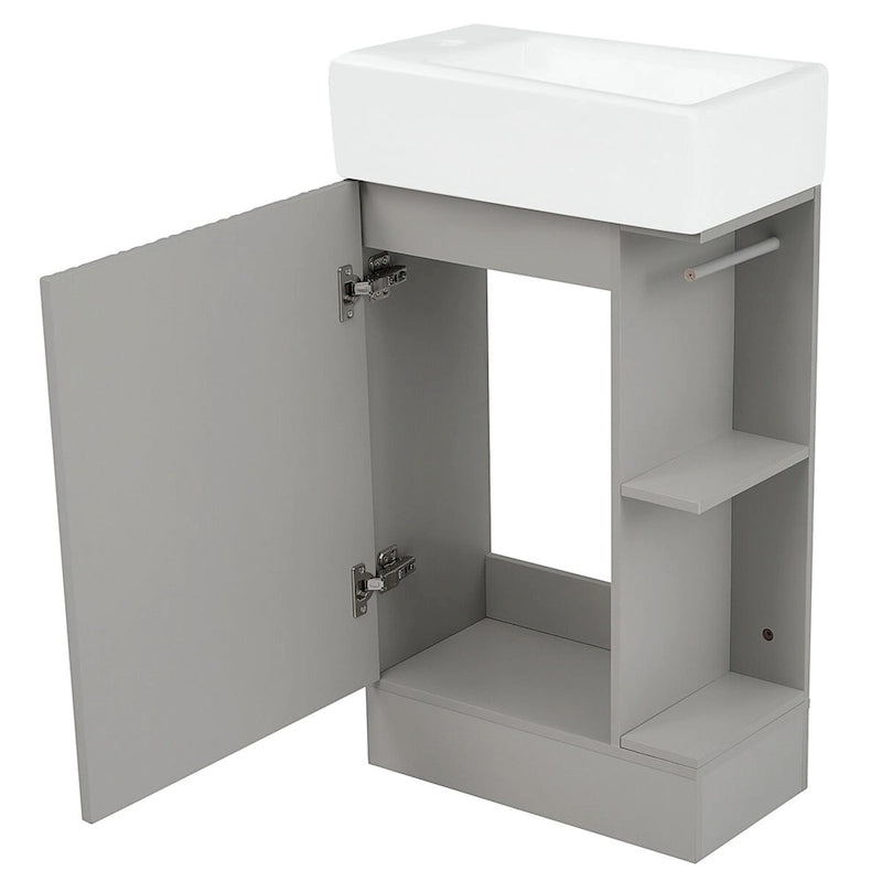 Petit meuble-lavabo de salle de bain avec évier en céramique et étagères ouvertes