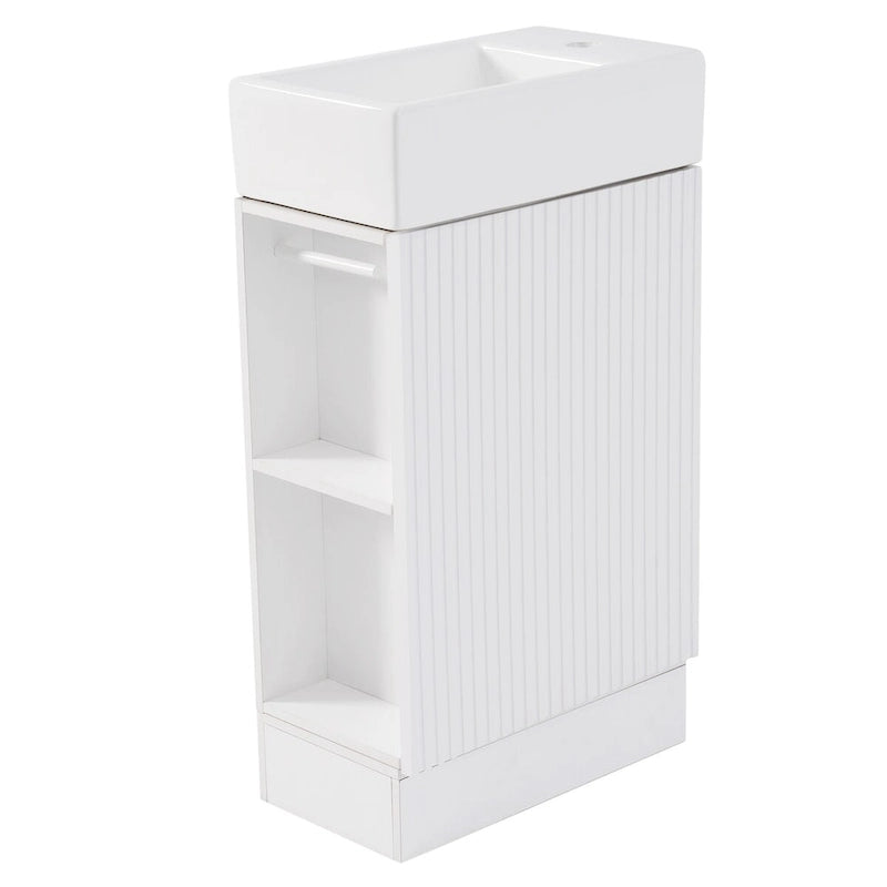 Petit meuble-lavabo de salle de bain avec évier en céramique et étagères ouvertes