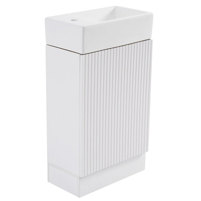 Petit meuble-lavabo de salle de bain avec évier en céramique et étagères ouvertes