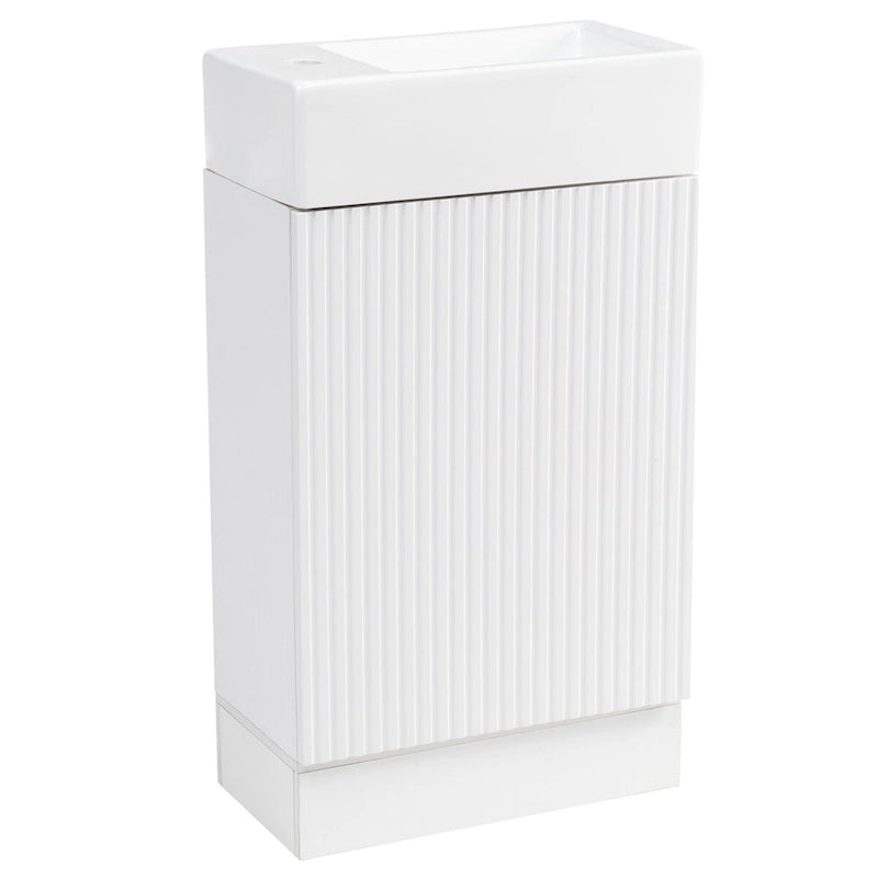 Petit meuble-lavabo de salle de bain avec évier en céramique et étagères ouvertes
