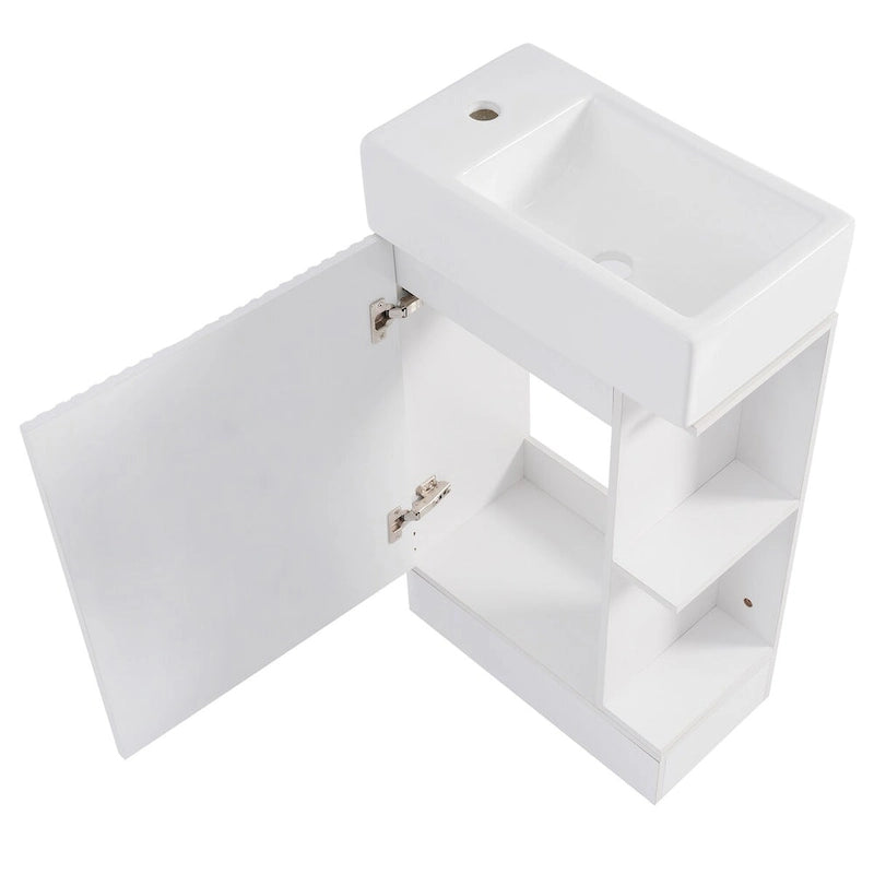 Petit meuble-lavabo de salle de bain avec évier en céramique et étagères ouvertes