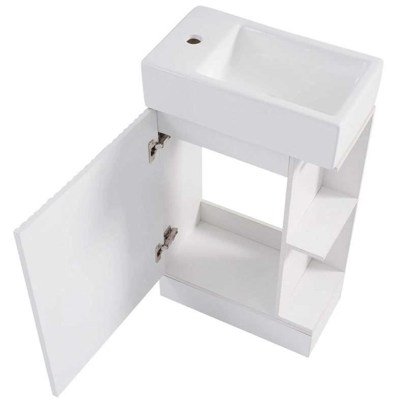 Petit meuble-lavabo de salle de bain avec évier en céramique et étagères ouvertes