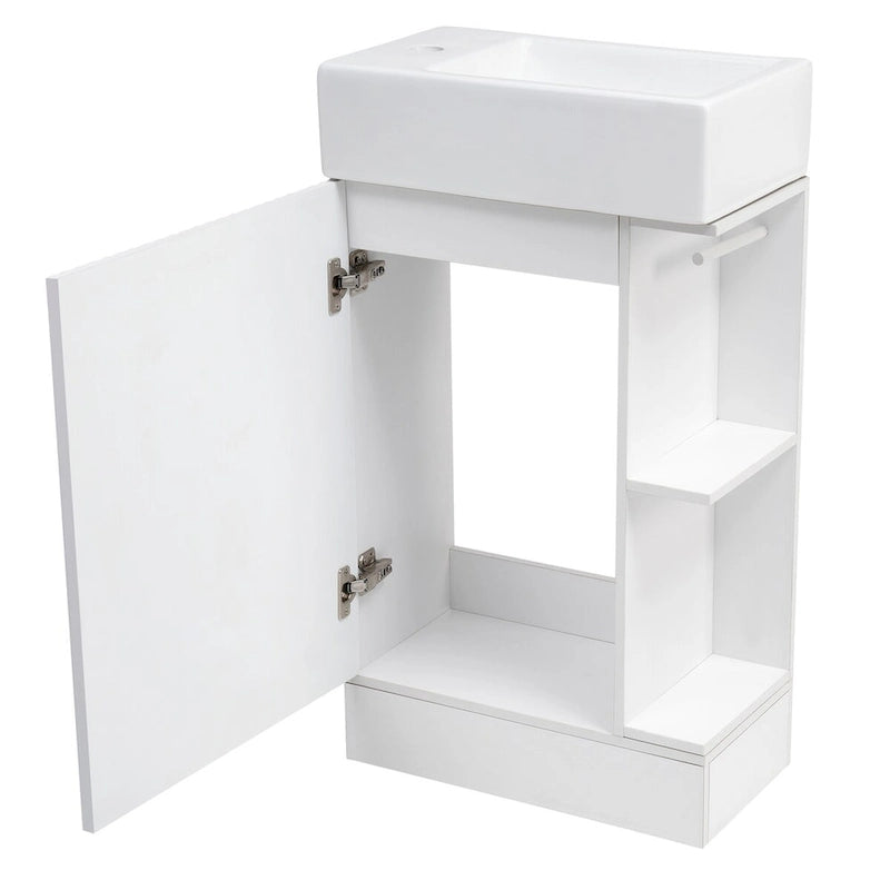 Petit meuble-lavabo de salle de bain avec évier en céramique et étagères ouvertes