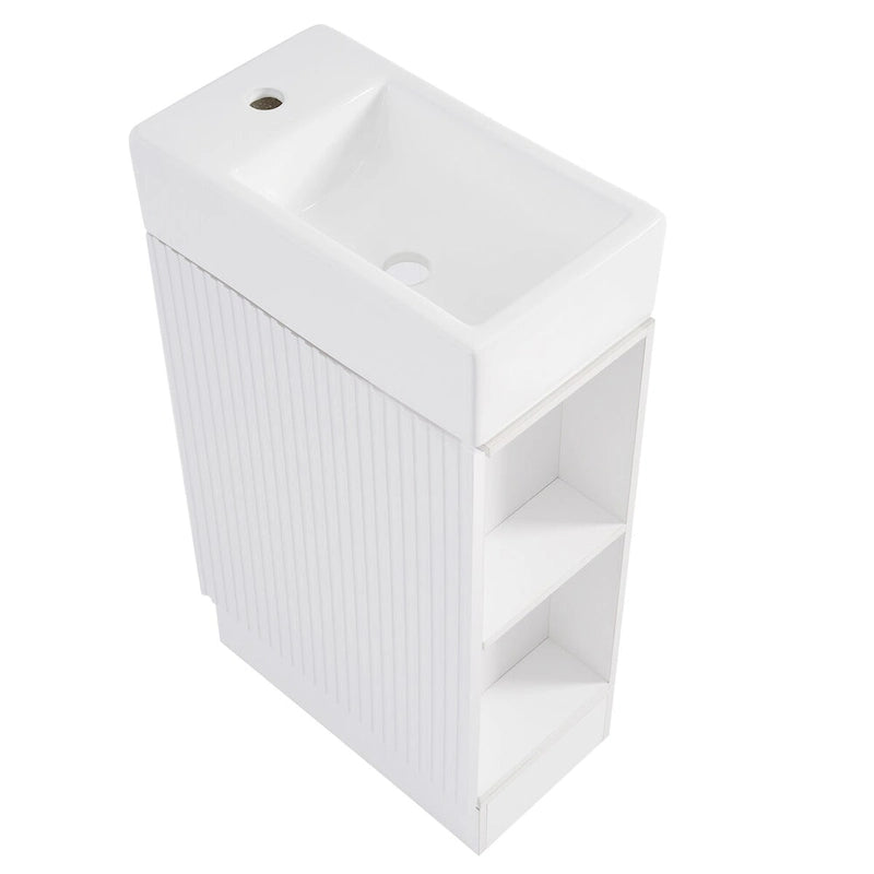 Petit meuble-lavabo de salle de bain avec évier en céramique et étagères ouvertes