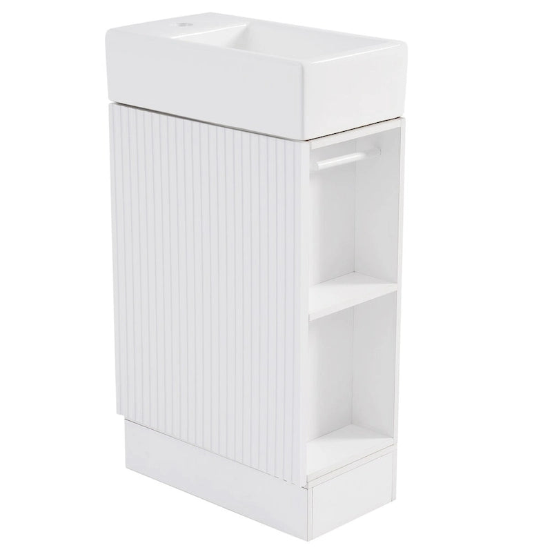 Petit meuble-lavabo de salle de bain avec évier en céramique et étagères ouvertes