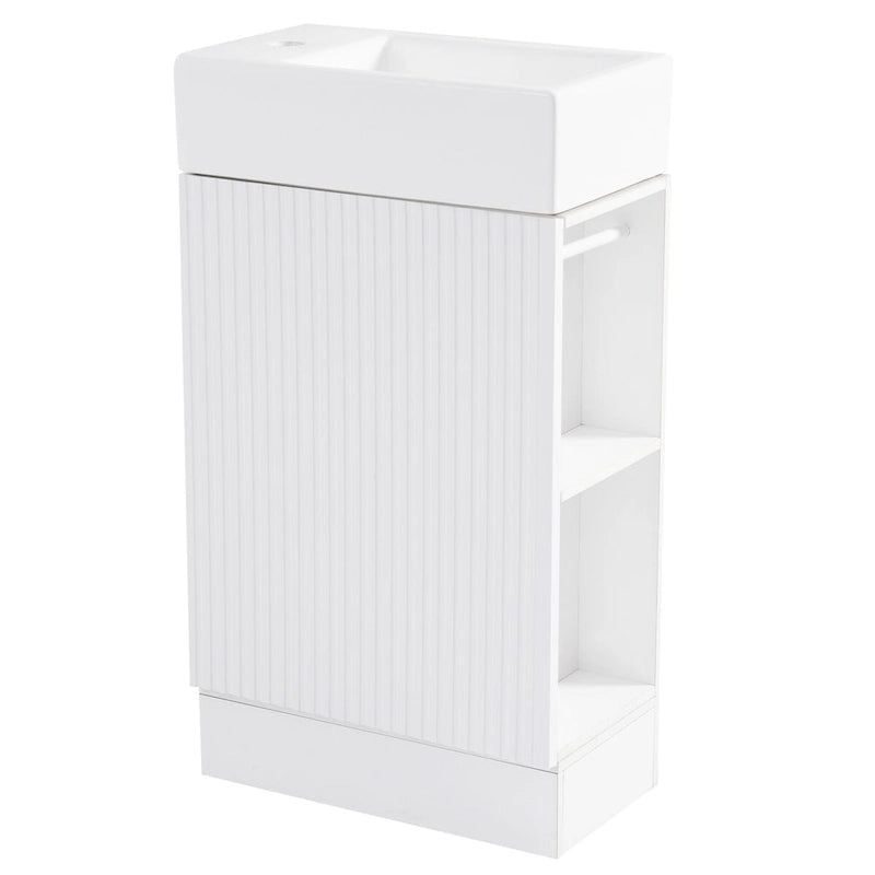 Petit meuble-lavabo de salle de bain avec évier en céramique et étagères ouvertes