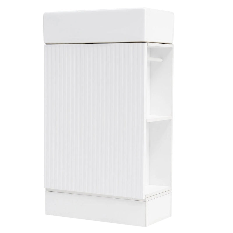 Petit meuble-lavabo de salle de bain avec évier en céramique et étagères ouvertes