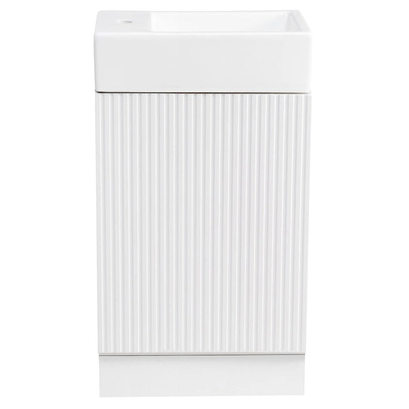 Petit meuble-lavabo de salle de bain avec évier en céramique et étagères ouvertes
