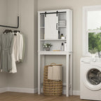 Meuble de rangement pour toilettes avec porte coulissante type « porte de grange », étagères réglables, blanc